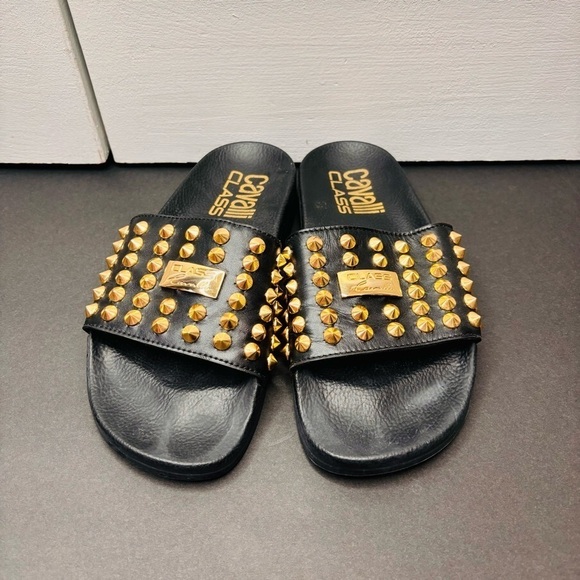 CAVALLI CLASS Black Studded Leather Slides Size 7 - Picture 4 of 7